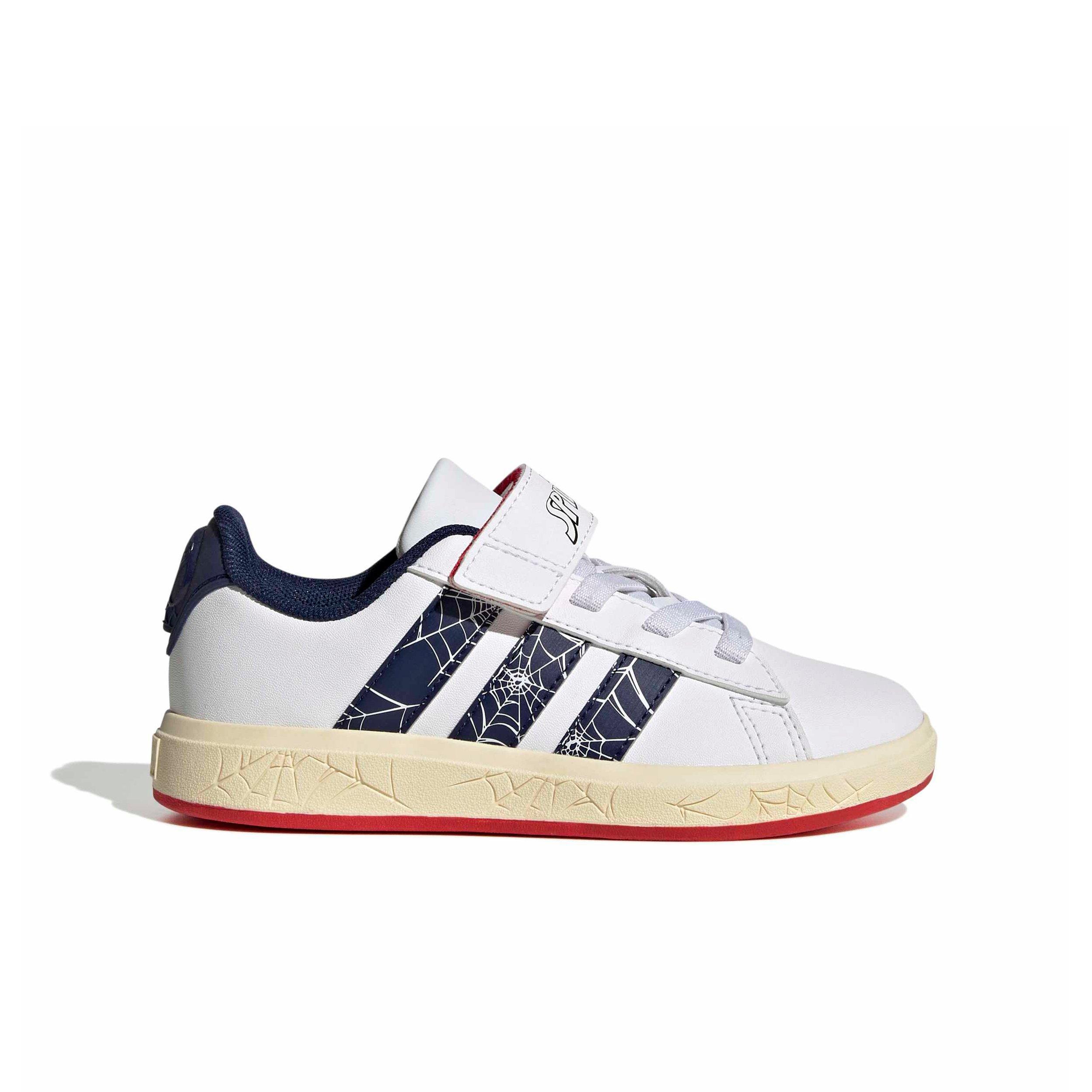 adidas Marvel Spider-Man Grand Court "Ftwr White/Dark Blue/Warm Vanilla" Preschool Boys' Shoe - WHITE/DK BLUE/VANILLA